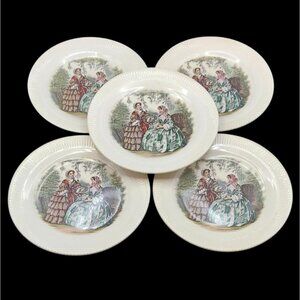 Vintage Godey Print 6.5" Ribbed Snack Plates Set Of 5 Salem China 1940s MCM